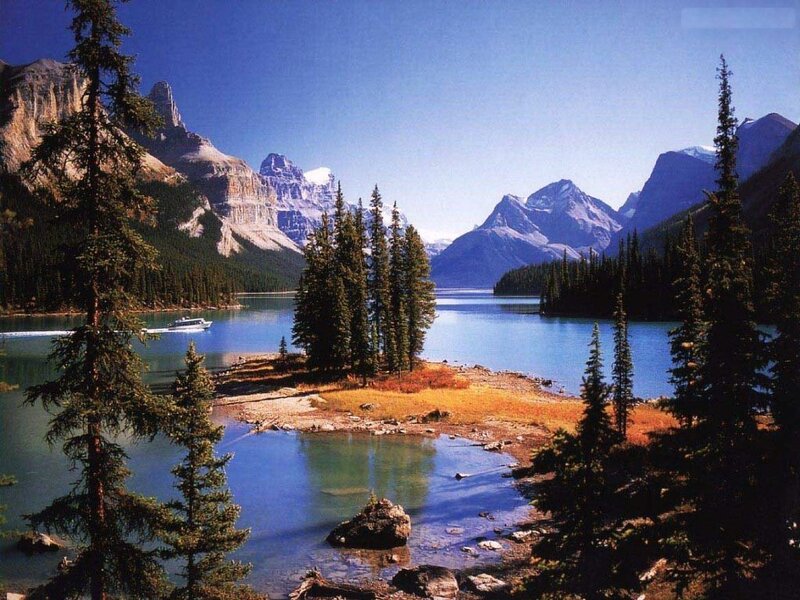 Mountain Lake with Boat — Blue, Serene