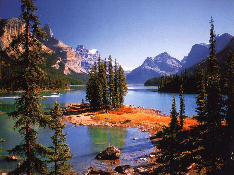 Mountain Lake with Boat — Blue