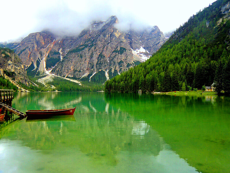 Mountain Lake with Boat — Green