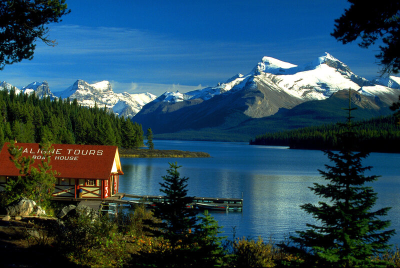 Mountain lake with boat house