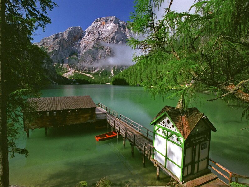 Mountain Lake with Boathouses