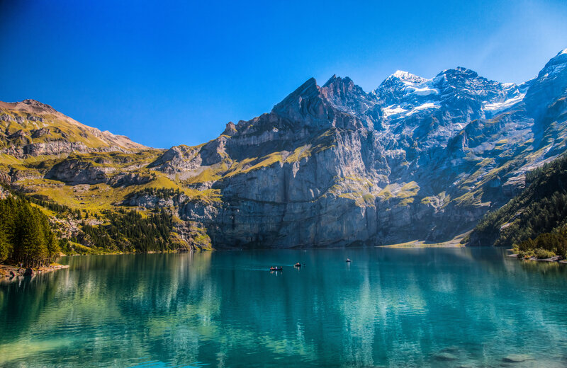 Mountain Lake with Boats — Blue, Serene, Afternoon