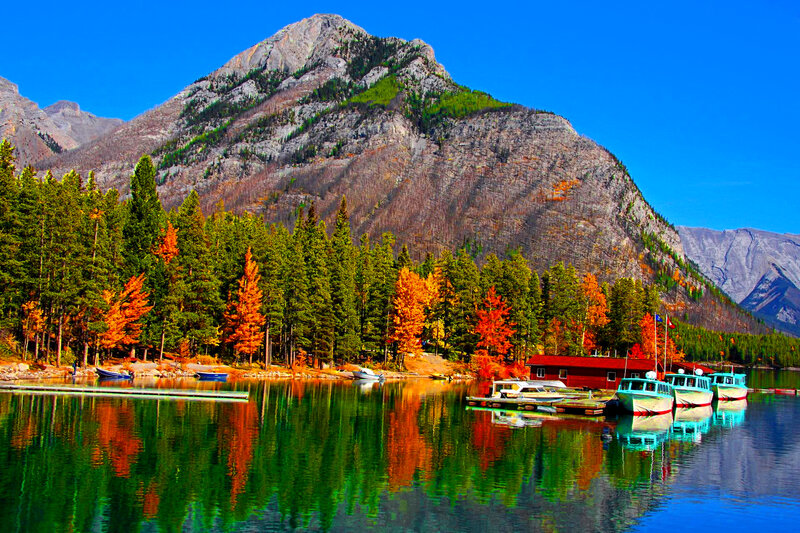 Mountain Lake with Boats — Blue, Serene, Autumn