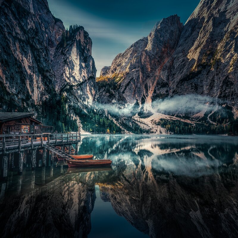 Mountain Lake with Boats — Blue, Serene, Morning, Photograph