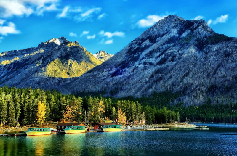 Mountain Lake with Boats — Blue, Serene
