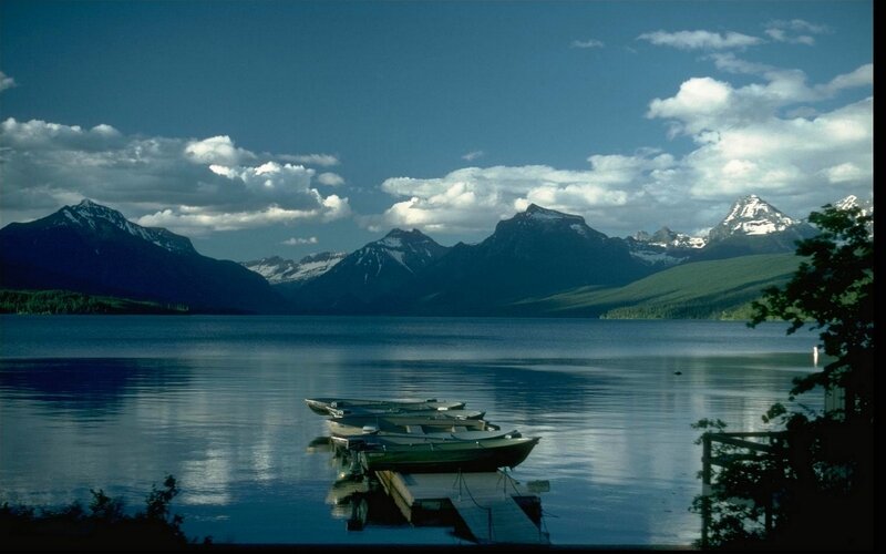 Mountain Lake with Boats — Blue