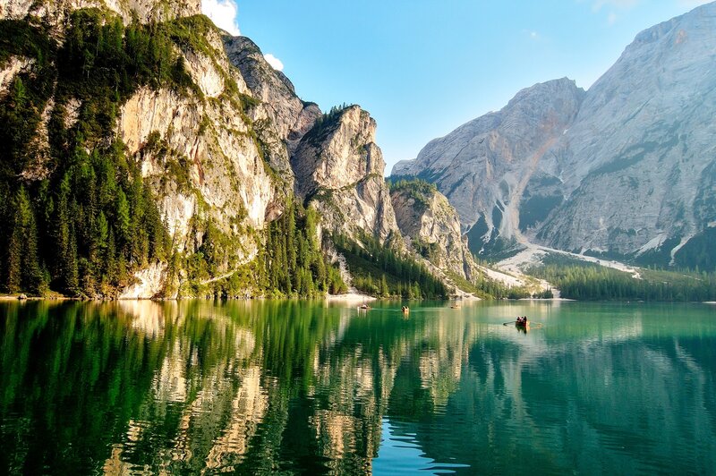 Mountain Lake with Boats — Green, Serene, Afternoon, Photograph