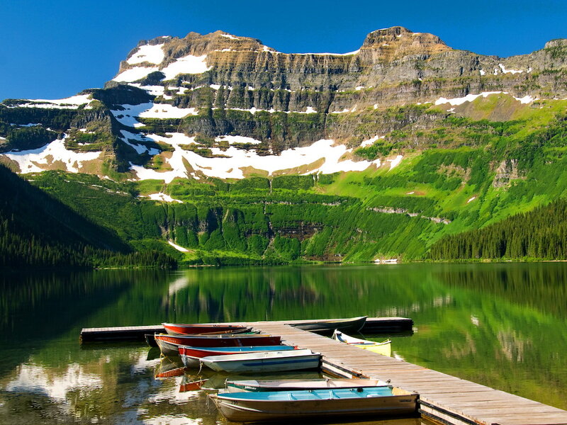Mountain Lake with Boats — Green
