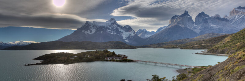 mountain lake with bridge