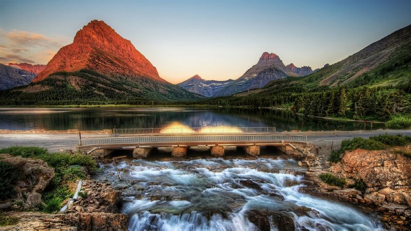 Mountain Lake with Bridge — Blue, Serene, Sunset