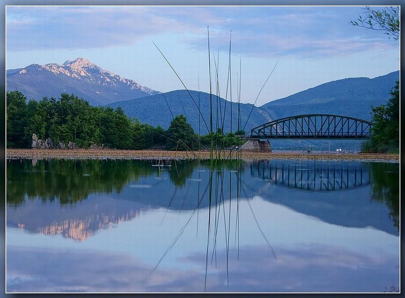 Mountain Lake with Bridge — Blue, Serene