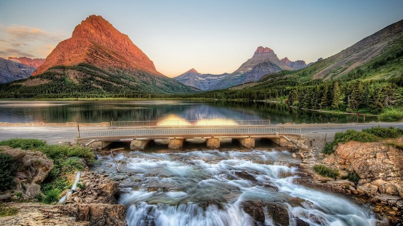 Mountain Lake with Bridge — Blue