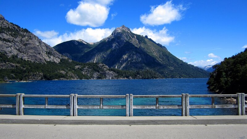 Mountain lake with bridge view