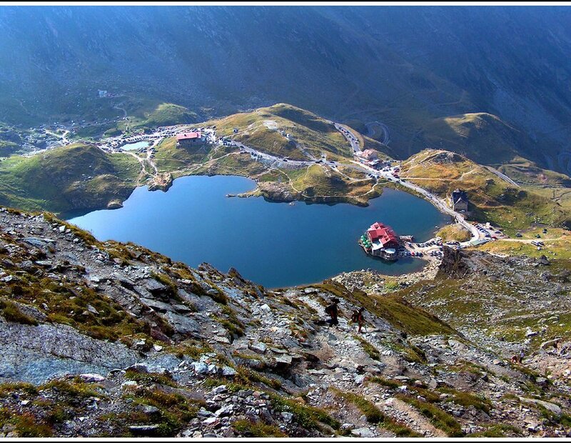 Mountain Lake with Buildings — Blue
