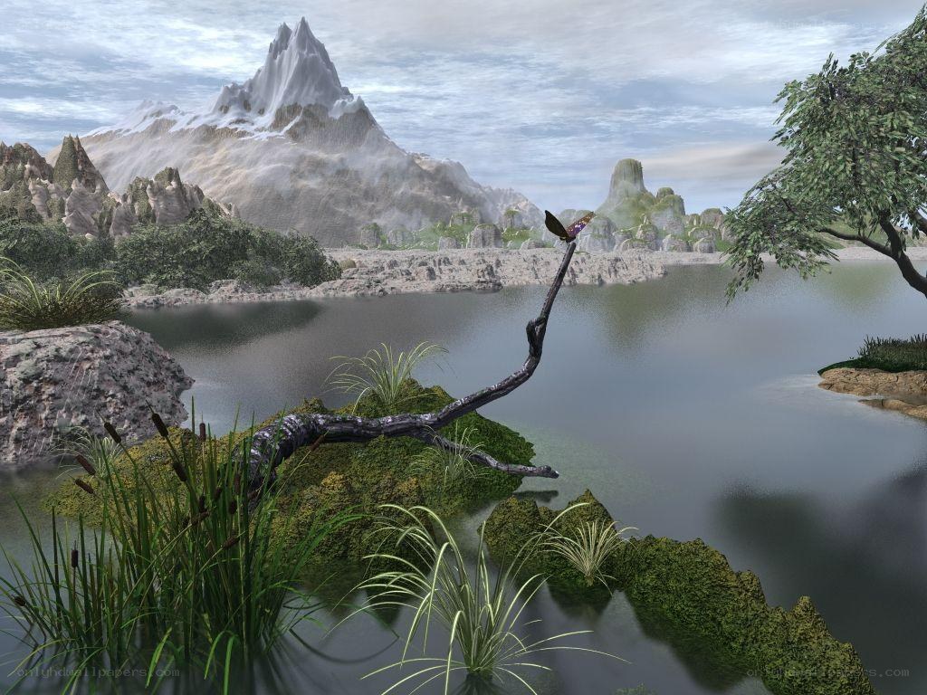 Mountain lake with butterfly