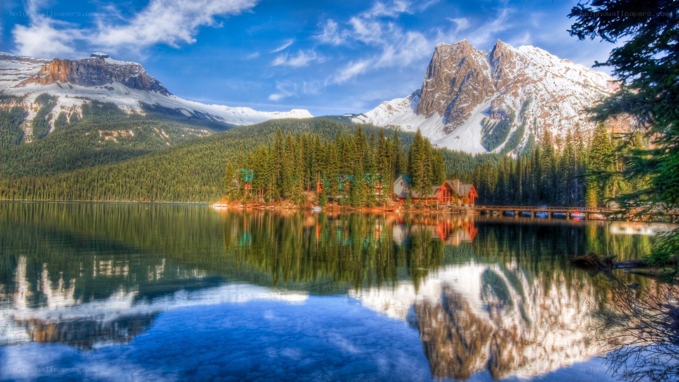 Mountain lake with cabin