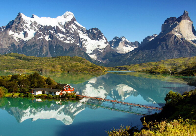 Mountain Lake with Cabin — Blue, Serene, Afternoon, Photograph, Bridge