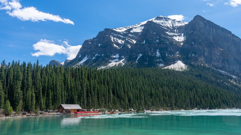 Mountain Lake with Cabin — Blue, Serene, Afternoon, Photograph, Forest