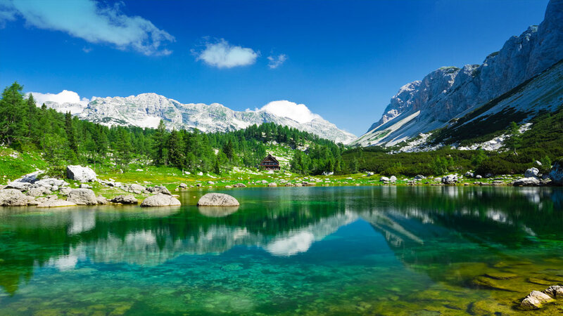 Mountain Lake with Cabin — Blue, Serene, Afternoon, Photograph, Trees, Mountains