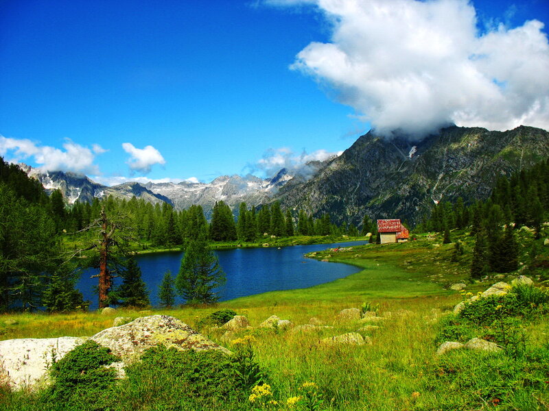 Mountain Lake with Cabin — Blue, Serene, Afternoon, Photograph, Trees
