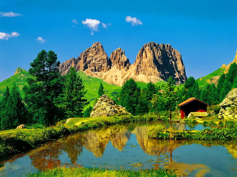 Mountain Lake with Cabin — Blue, Serene, Afternoon