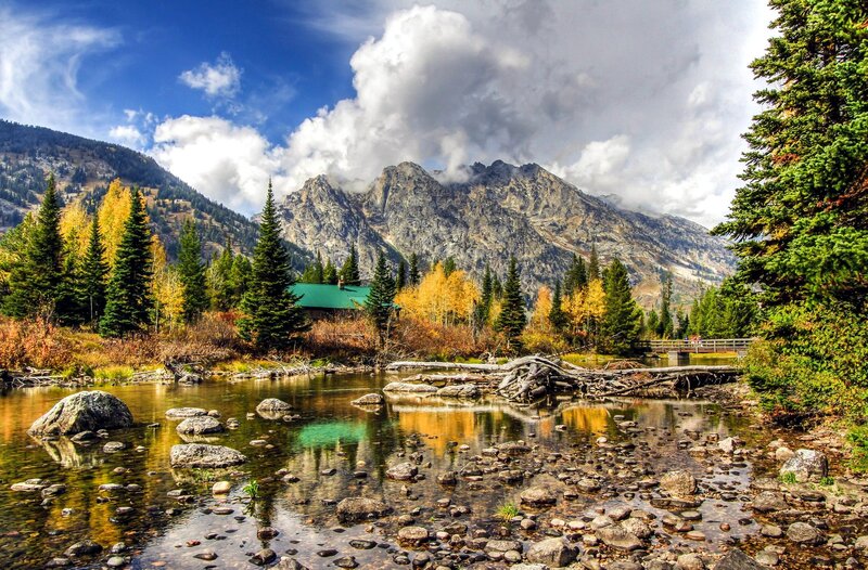 Mountain Lake with Cabin — Blue, Serene, Autumn, Photograph
