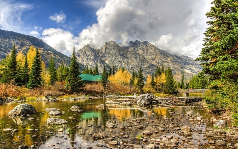 Mountain Lake with Cabin — Blue, Serene, Autumn, Photograph, Trees