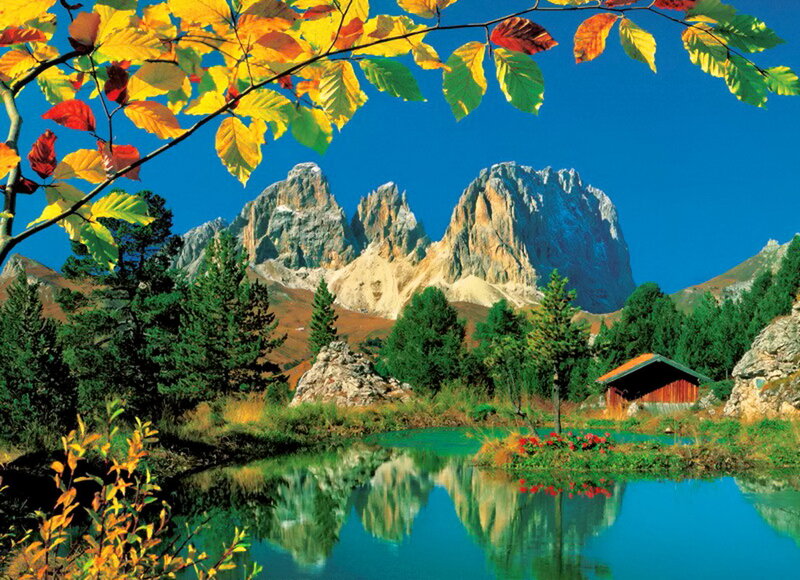 Mountain Lake with Cabin — Blue, Serene, Autumn