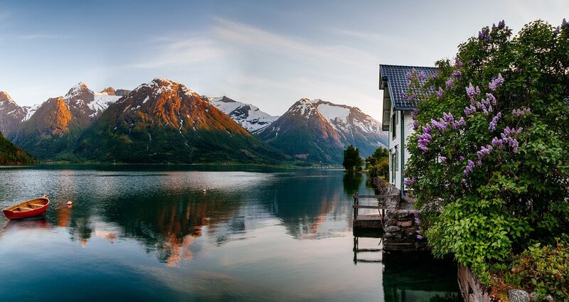 Mountain Lake with Cabin — Blue, Serene, Morning, Photograph, Boat