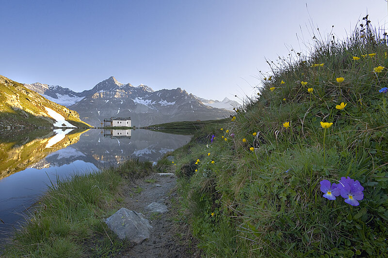 Mountain Lake with Cabin — Blue, Serene, Morning, Photograph