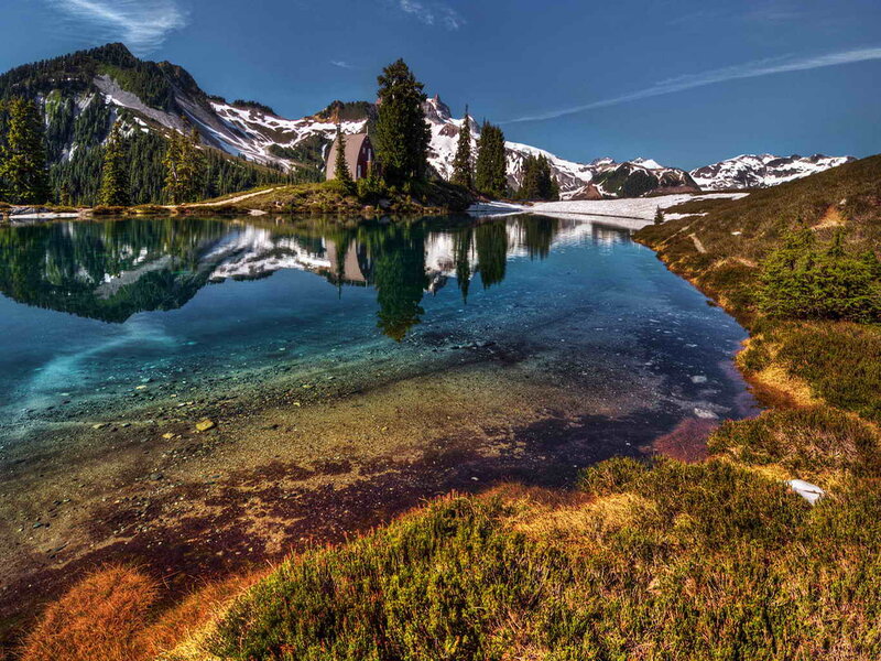 Mountain Lake with Cabin — Blue, Serene, Summer