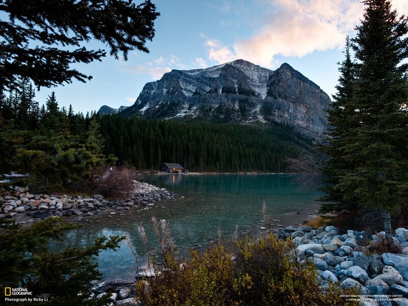 Mountain Lake with Cabin — Blue, Serene, Sunset