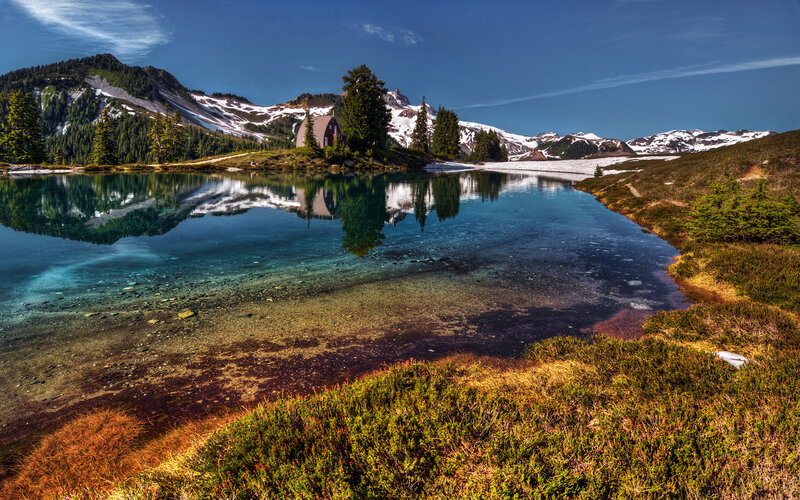 Mountain Lake with Cabin — Blue, Serene