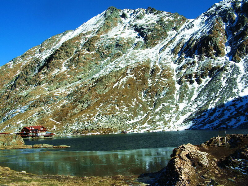 Mountain Lake with Cabin — Blue