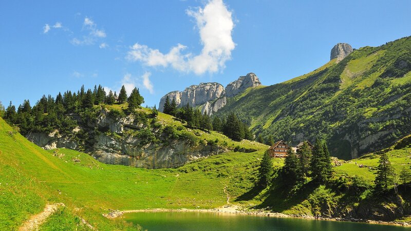 Mountain Lake with Cabin — Green, Serene, Afternoon, Photograph