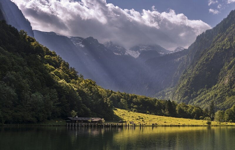 Mountain Lake with Cabin — Green, Serene, Afternoon