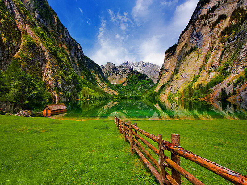 Mountain Lake with Cabin — Green, Serene