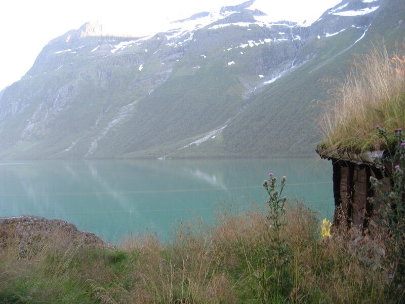 Mountain Lake with Cabin — Green