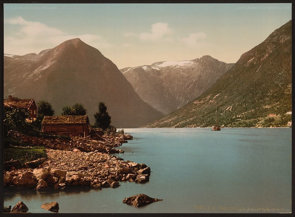 Mountain lake with cabins
