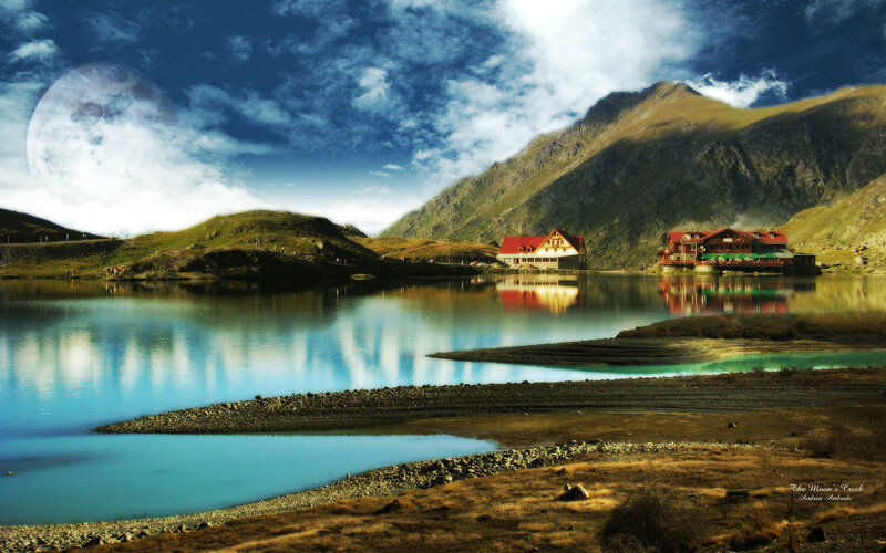 Mountain Lake with Cabins — Blue, Dramatic