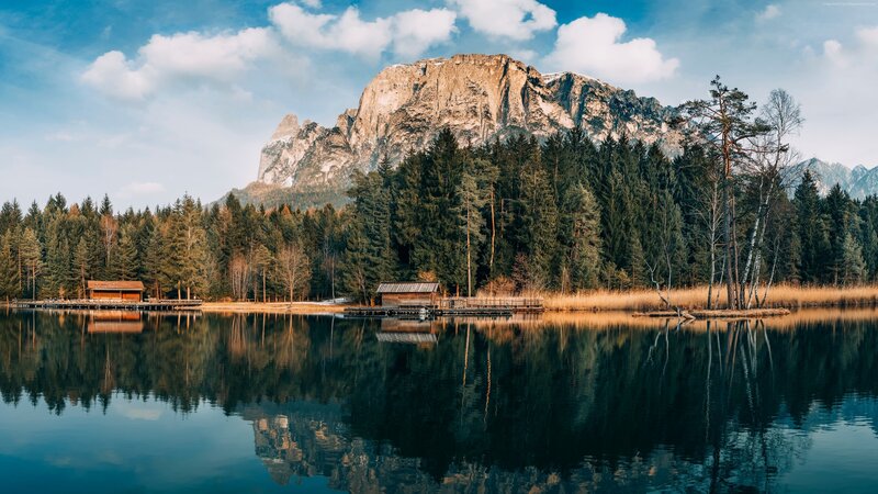 Mountain Lake with Cabins — Blue, Serene, Afternoon, Photograph, Mountains, Forest, Dock