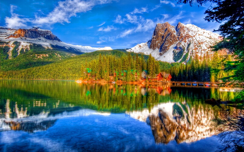 Mountain Lake with Cabins — Blue, Serene, Afternoon