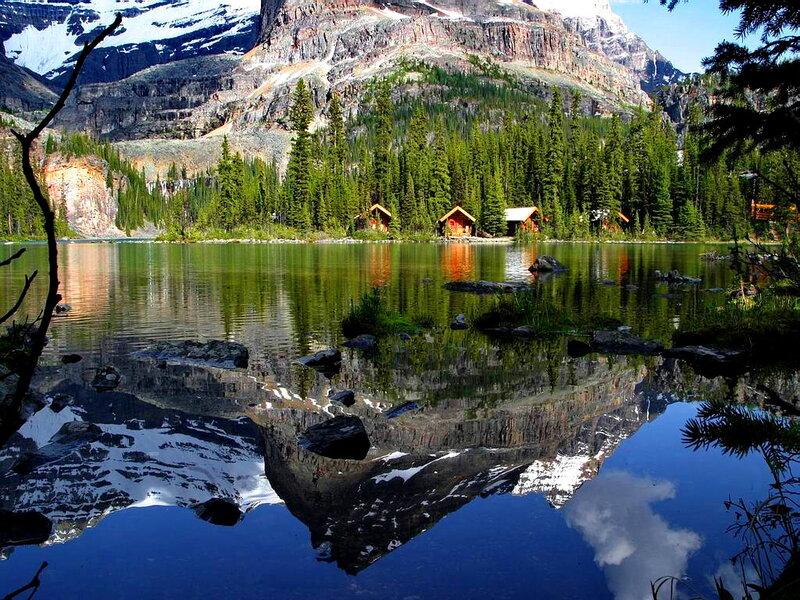 Mountain Lake with Cabins — Blue, Serene