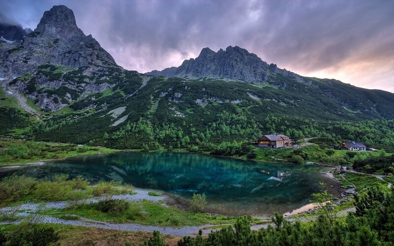 Mountain Lake with Cabins — Green, Dramatic, Sunset