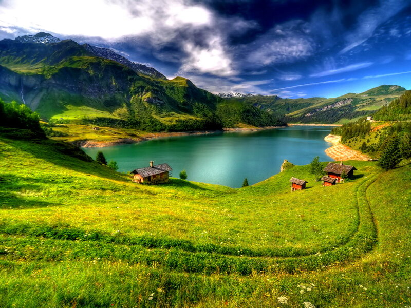 Mountain Lake with Cabins — Green, Dramatic