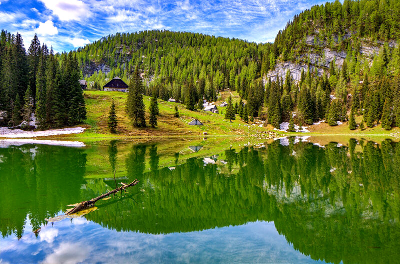 Mountain Lake with Cabins — Green, Serene, Spring, Photograph