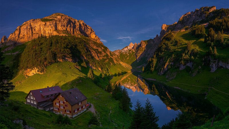 Mountain Lake with Cabins — Green, Serene, Sunset