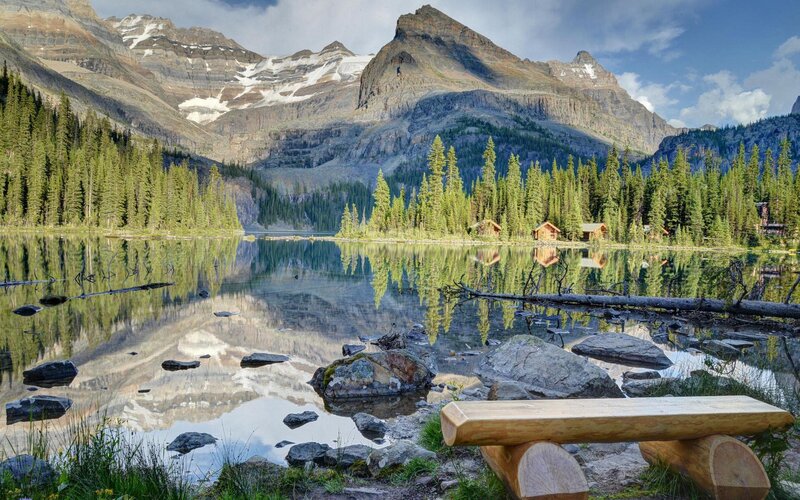 Mountain Lake with Cabins — Green, Serene