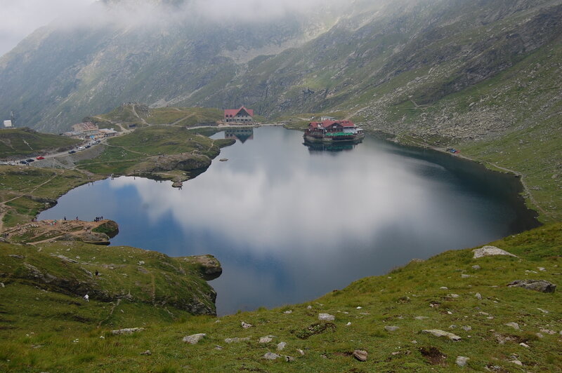 Mountain Lake with Cabins — Green