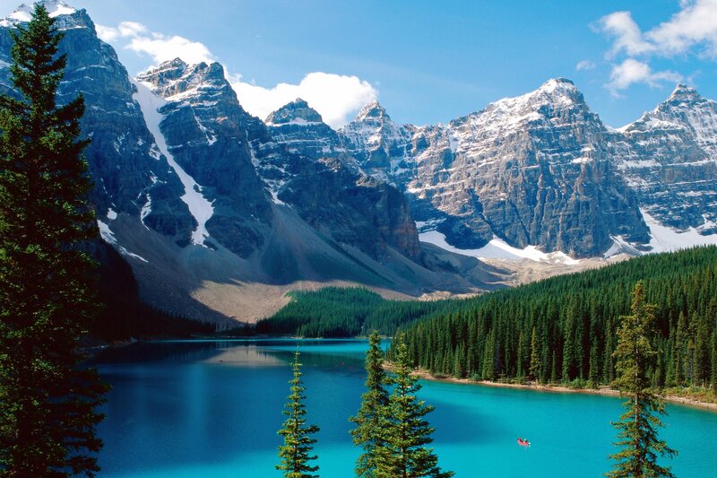 Mountain Lake with Canoes — Blue, Serene, Afternoon